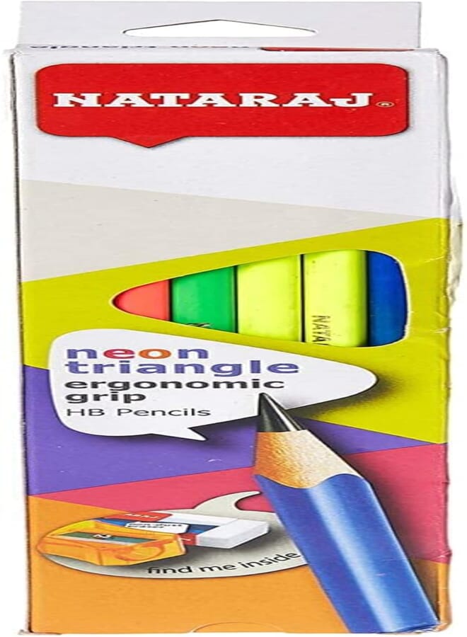 Nataraj neon triangle hb pencils pack of 12 pencils with free sharpener and eraser - neon